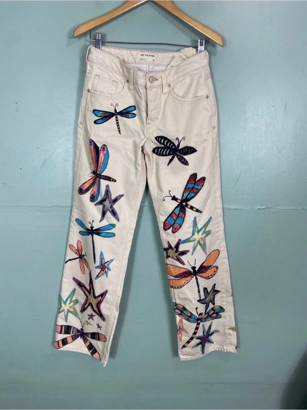 Free People Tennessee Low Rise Boyfriend Dragonfly Artsy Jeans Cream Size 26